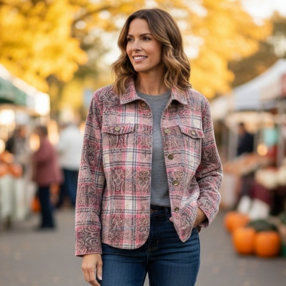 Silver Krossing Jacket Women's Size XL Plaid Paisley Textured Button Front Retro - Picture 1 of 13